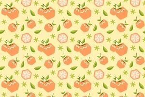 fresh citrus fruits with leaves seamless pattern on yellow background. geometric slices of orange fruits tropical illustration pattern. cute oranges pattern for fabric, label, printable vector