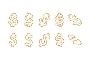 doodle gold dollar outline element design set for print and finance business. set of US dollar currency line art cartoon symbo illustration. playful 3d dollar line icon sign symbol flat design. vector