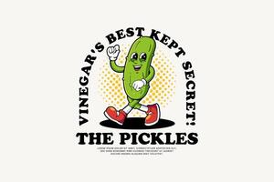 Pickle or Cucumber Icon Illustration. Pickle or Cucumber Retro Logo Mascot Cartoon Character with Standing Pose and Ok Hand Suitable for Web Landing Page, Banner, Sticker, Card vector
