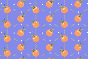 orange fruits with leaves, dot, zigzag seamless pattern on purple background. geometric citrus fruit tropical illustration pattern. cute fresh oranges pattern for fabric, label, printable vector