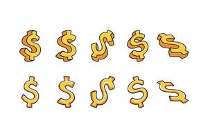 doodle gold dollar colorful element design set for print and finance business. set of US dollar currency cartoon symbo illustration. playful 3d dollar icon sign symbol flat design. vector
