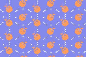 orange fruits with leaves, dot, zigzag silhouette seamless pattern on purple background. geometric citrus fruit tropical illustration pattern. cute fresh oranges pattern for print vector