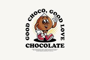 Choco Chip Icon Illustration. Choco Chip Retro Logo Mascot Cartoon Character with Walking Pose and Check Mark Finger Hand Suitable for Web Landing Page, Banner, Flyer, Sticker, Card vector