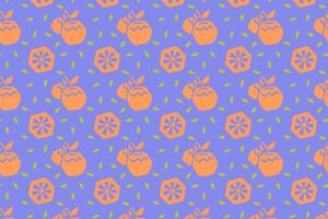 fresh oranges, sliced of orange, leaves silhouette seamless pattern on purple background. geometric citrus fruit tropical illustration pattern. cute orange fruits pattern for print vector