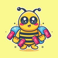 happy bee animal character mascot doing bodybuilding using dumbbell isolated cartoon vector
