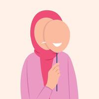 Sad woman is covering her face with a smiling mask. Concept good and bad mood illustration vector