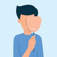 Sad man is covering him face with a smiling mask. Concept good and bad mood illustration vector