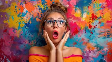 Astonished young woman with eyeglasses posing in front of a vibrant backdrop photo