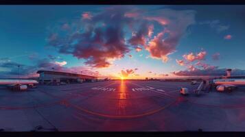 aeropuerto a atardecer, panorámico ver con aviones forrado arriba en el pista foto