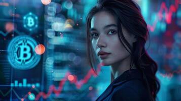 Young businesswoman is posing in front of a holographic screen displaying bitcoin symbols and market trends photo