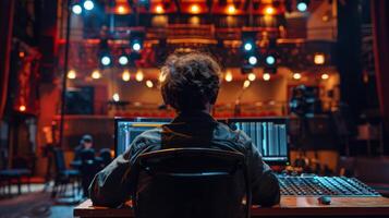 Sound engineer sitting in empty auditorium working on audio mixing console with computer photo