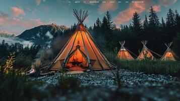 Teepees glowing in the twilight at a campsite nestled among forests and mountains photo