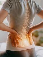 Woman suffering from backache with spine x ray highlighted photo