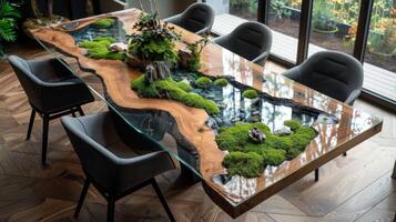 Modern dining table made from wood and glass being presented in luxury apartment photo