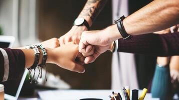 Diverse team of coworkers is joining hands, symbolizing their unity and collaboration on a project photo