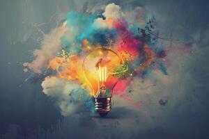 Light bulb exploding with color representing a creative idea photo