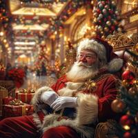 Santa claus relaxing on throne in magical christmas mall photo