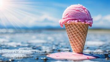 Strawberry ice cream cone melting under the summer sun photo