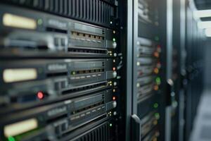 Server room equipment with blinking lights is neatly arranged in a data center photo