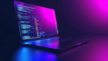 Modern laptop displaying computer code on screen in neon light photo