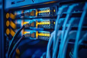 Data center with network server and lan cables flashing photo