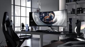Modern high end computer workstation featuring gaming computer and ultrawide curved monitor photo