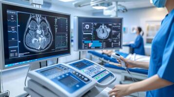 Medical team is working with a brain scanner in a modern hospital operating room photo