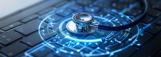 Stethoscope lying on laptop keyboard diagnosing futuristic electronic circuit board photo