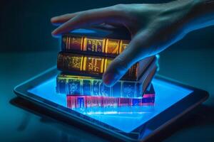 Hand selecting a paper book from a pile of old books on a glowing digital tablet photo
