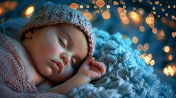 Adorable baby sleeping peacefully on a soft blanket with golden bokeh lights photo