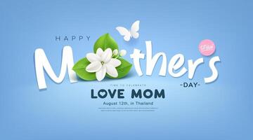 Happy Mother's day message, with jasmine flower and green leaf on light blue background vector