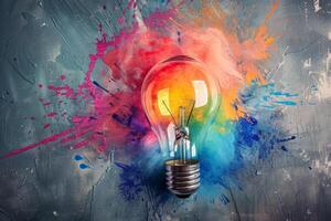 Light bulb illuminates colorful splashes on a grey background, symbolizing a creative idea concept photo