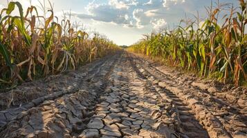 During a drought, dry, cracked soil is spreading through a cornfield photo