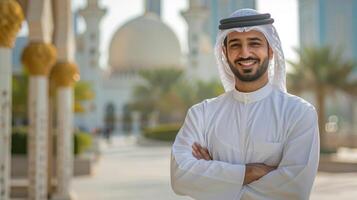 Modern city backdrop as an arab businessman smiles with crossed arms photo