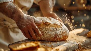 Baker breaking a loaf of fresh bread on a wooden board, flour dust in the air photo