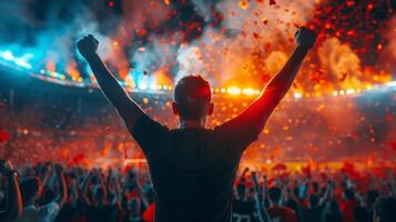 Man celebrates with arms raised in crowded night stadium as confetti falls from the sky photo