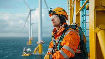 Wind turbine technician in offshore wind farm, wearing safety gear and gazing out at the sea while working photo