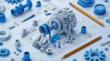 Concept showing the design process of a complex gearbox using a technical blueprint and 3d printed prototypes photo
