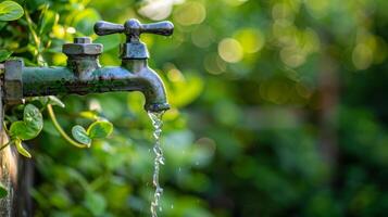 Dripping old garden faucet with green bokeh background photo