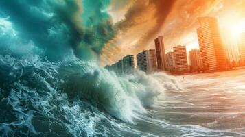 Captivating scene of a colossal wave hitting a coastal town, showcasing the awe inspiring force of nature photo