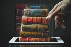 Choosing a vintage book from a holographic tablet display photo