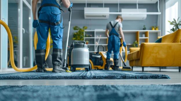 Cleaning service workers wearing uniforms cleaning a carpet in a modern apartment using professional equipment photo