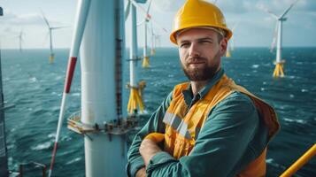 Engineer standing on an offshore wind farm with arms crossed, sporting a hard hat and safety vest photo