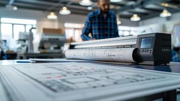 Architect works in the background as a large format printer produces technical drawings photo
