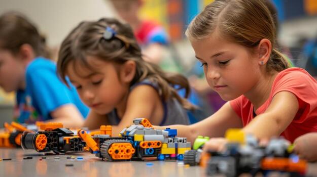 Elementary school students focused on constructing robots in stem class photo
