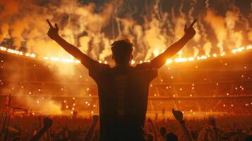 Silhouette of a music fan raising arms cheering at a music festival in a stadium at night with fireworks photo