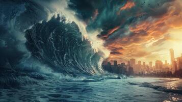 Giant tsunami wave crashing a modern city at sunset, concept of end of the world photo