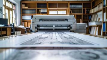 Large format printer is printing architectural plans on a roll of paper photo