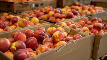 Freshly picked ripe peaches overflowing from cardboard boxes photo