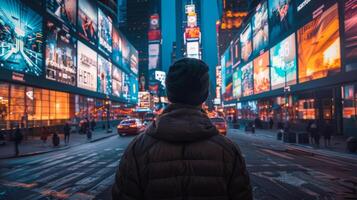 turista miradas a el iluminado digital vallas publicitarias en veces cuadrado, nuevo York ciudad a noche foto